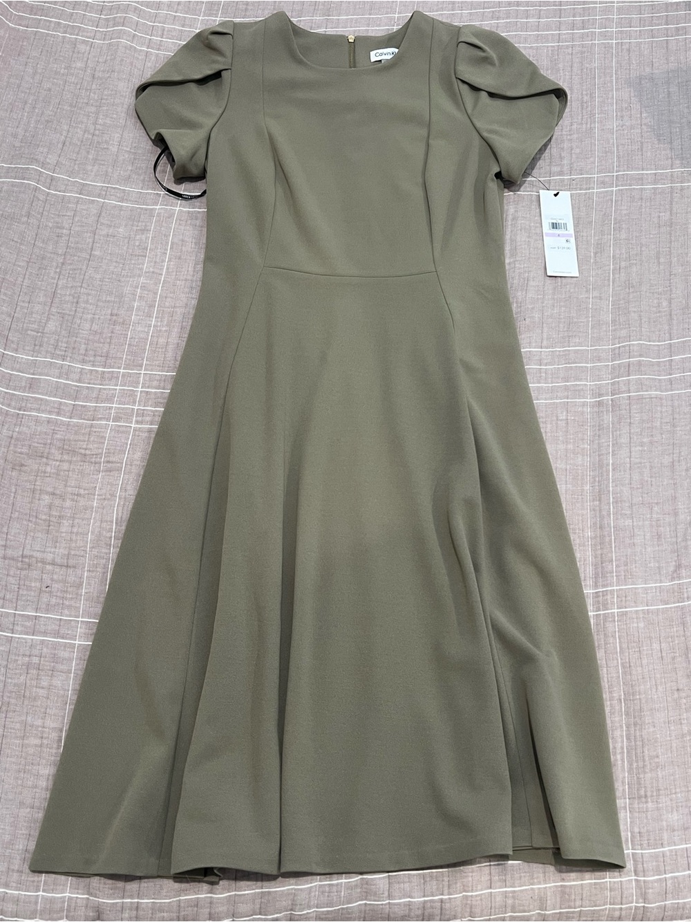 Calvin Klein Olive Green Midi Dress with Puff Sleeves